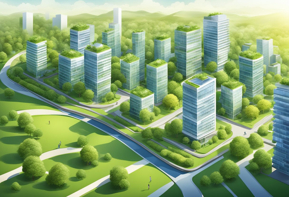 A sustainable cityscape with green spaces and eco-friendly buildings