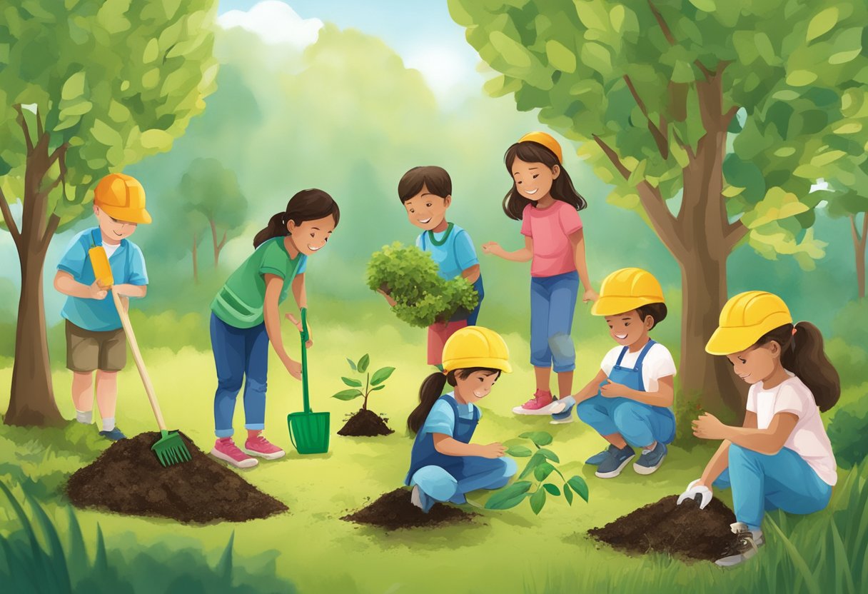 Children engaging in sustainability education, planting trees and recycling, promoting social and environmental sustainability