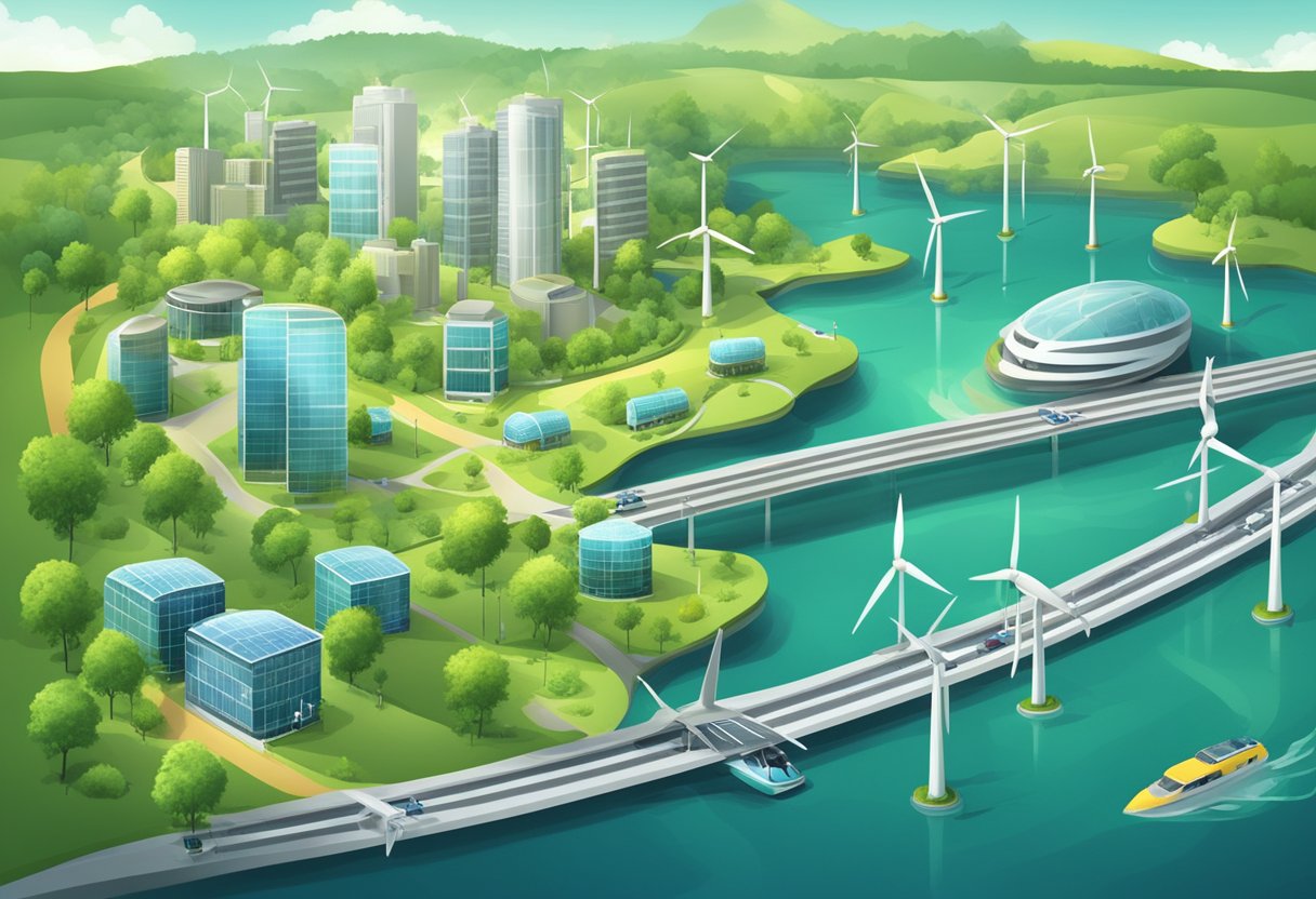 A diverse landscape with renewable energy sources, green buildings, and efficient transportation systems, surrounded by clean air and water