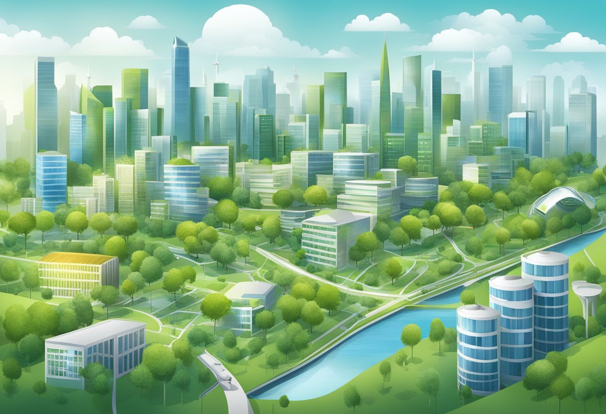 A city skyline with integrated green spaces and renewable energy sources, showcasing sustainable development in society and business