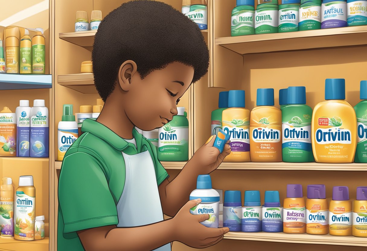 A child's hand reaches for Otrivin Nasal Spray on a shelf, with the product's name prominently displayed