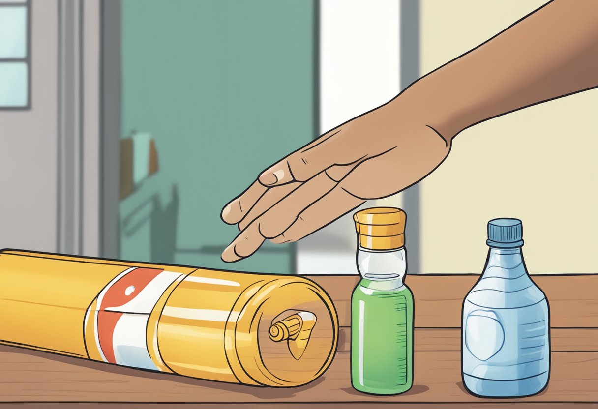 A child's hand reaching for a bottle of Otrivin, with a parent's hand gently guiding it away, indicating caution and consideration for proper usage