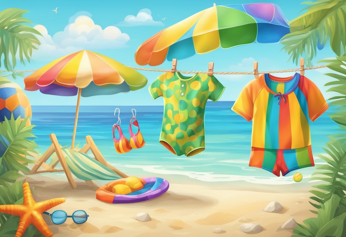 A colorful UV-protective children's swimsuit hangs on a clothesline, surrounded by playful beach toys and a sandy shore