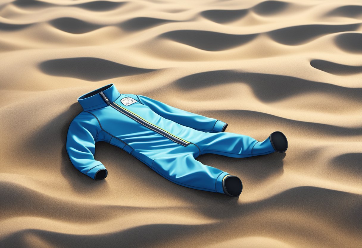 A child's UV suit lies on a sandy beach, with waves crashing in the background. The fabric is depicted as durable and resistant to sun exposure