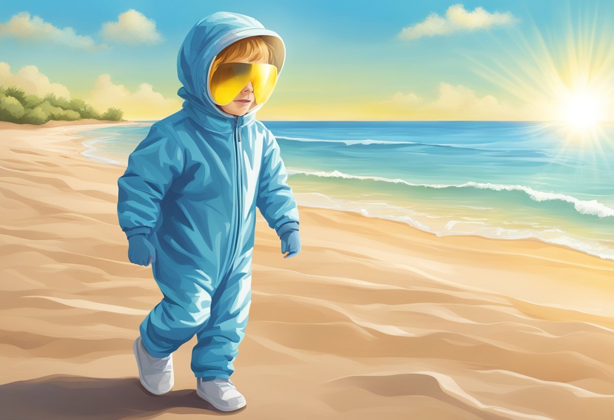 A child in a UV protective suit playing in the sun, shielded from harmful rays