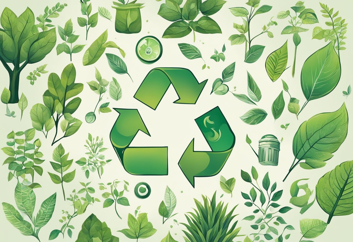 A green leafy plant surrounded by various eco-friendly symbols and recycling signs, representing sustainability aspects