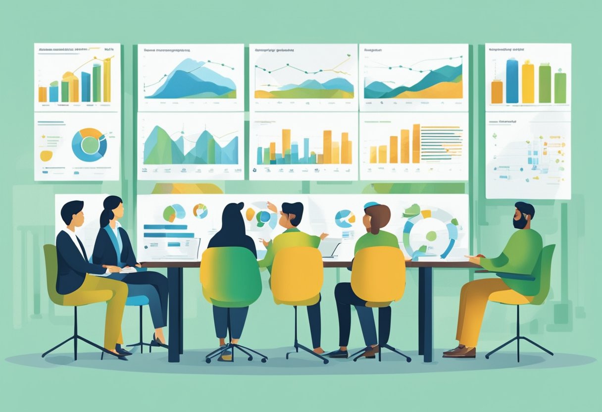 A group of people discussing sustainability aspects within a company or organization. Charts and graphs on a wall show environmental and social impact