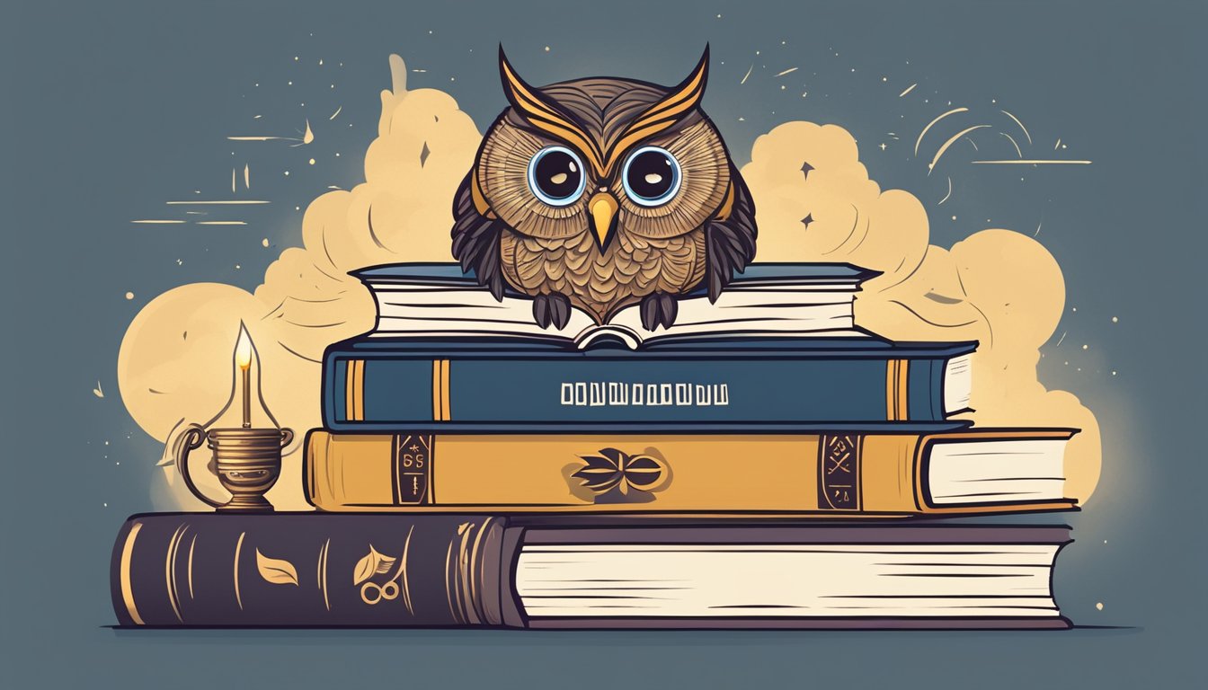 A stack of books with various proverbs on the covers, surrounded by symbols of wisdom and knowledge, such as an owl, a quill, and a glowing light