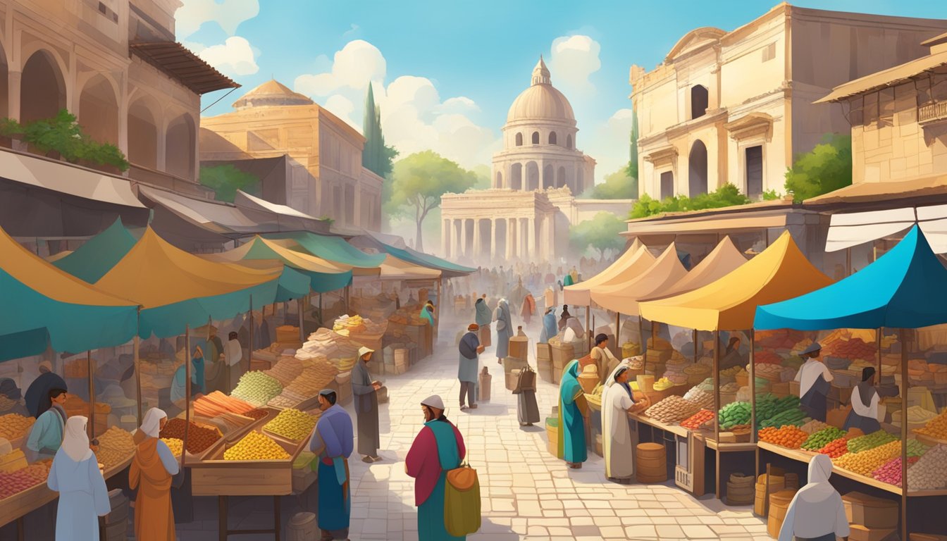 A bustling marketplace with diverse vendors selling goods from different cultures, surrounded by ancient architecture and historical landmarks