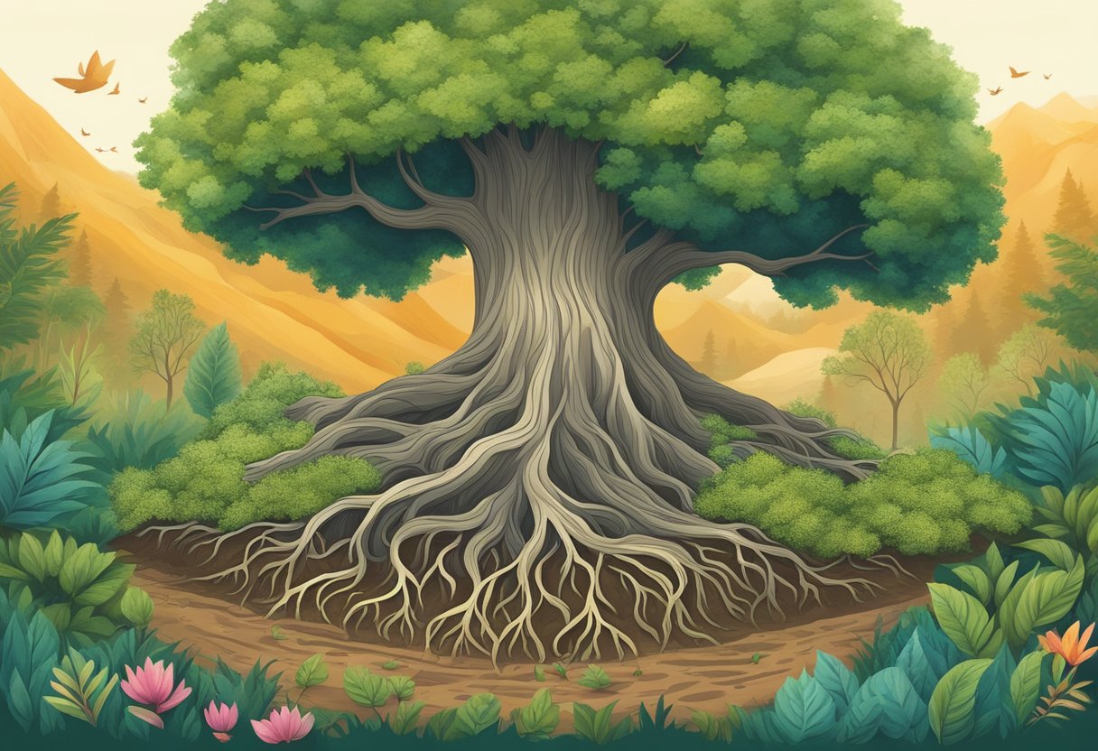 A tree with roots firmly planted in the ground, surrounded by flourishing plants and wildlife, symbolizing economic sustainability