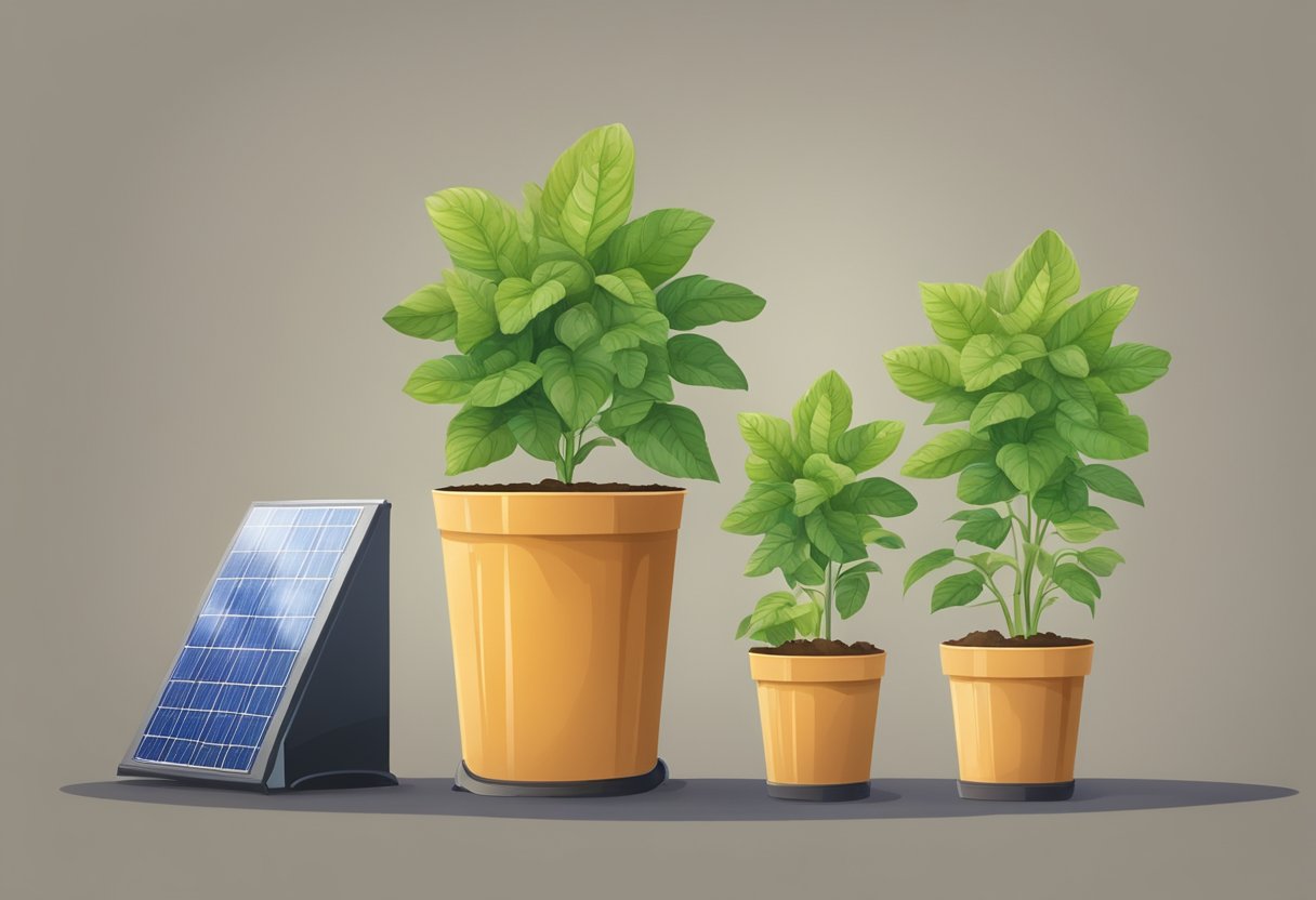 A green plant growing in a recycled pot, with a solar panel nearby, and a compost bin for organic waste