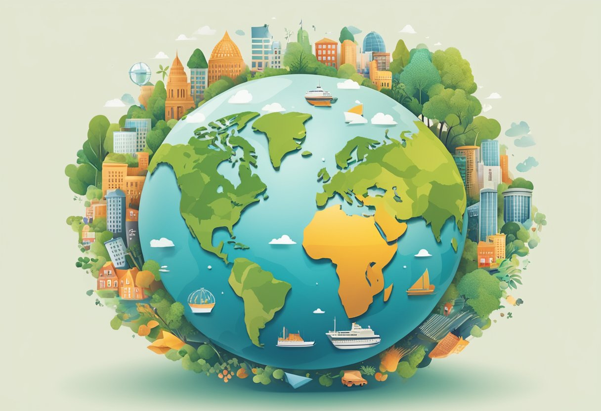 A globe surrounded by diverse sustainable icons, representing global leadership and agendas for economic sustainability