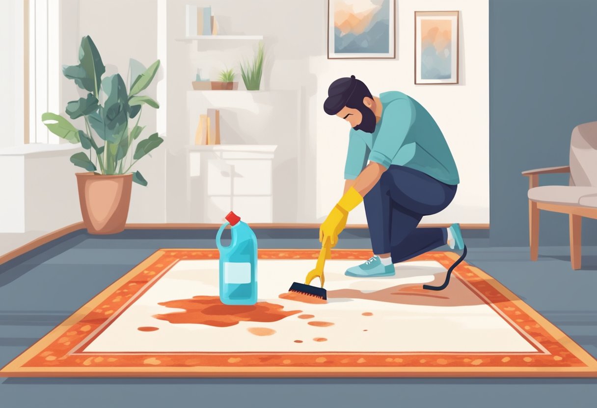 A spill of blood on a light-colored carpet. A person using a cloth and cleaning solution to dab at the stain, then blotting with a clean cloth