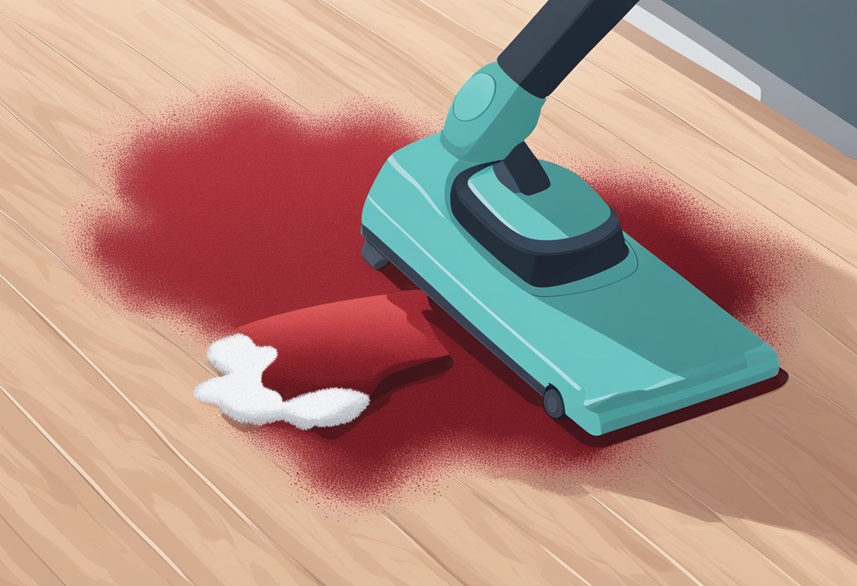 A carpet with fresh blood stains being treated with cleaning solution and scrubbed vigorously with a brush