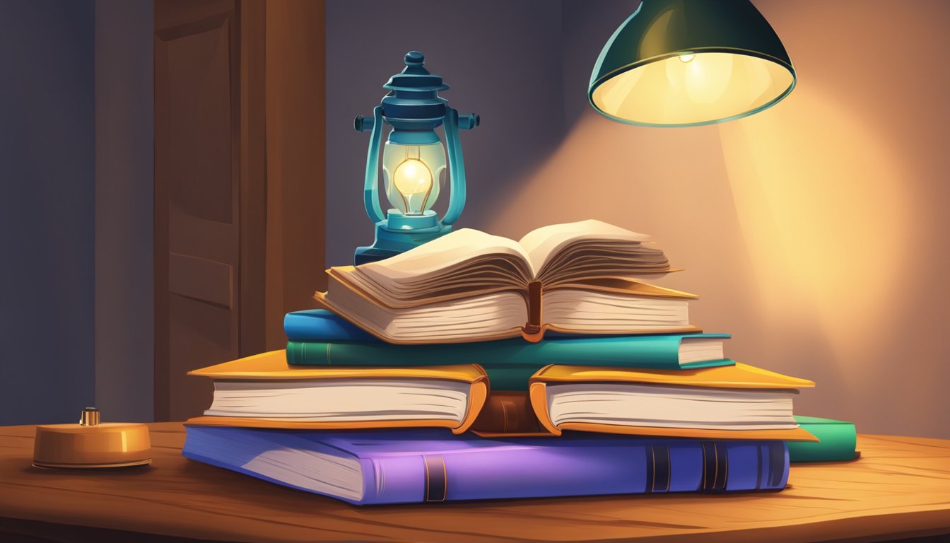 A stack of open books on a wooden desk, with a lamp casting a warm glow on the pages