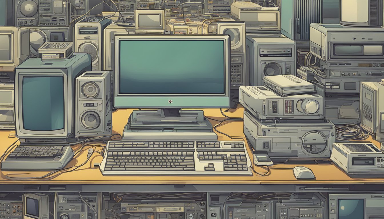 A modern computer surrounded by outdated technology, symbolizing the contrast between contemporary relevance and obsolete practices