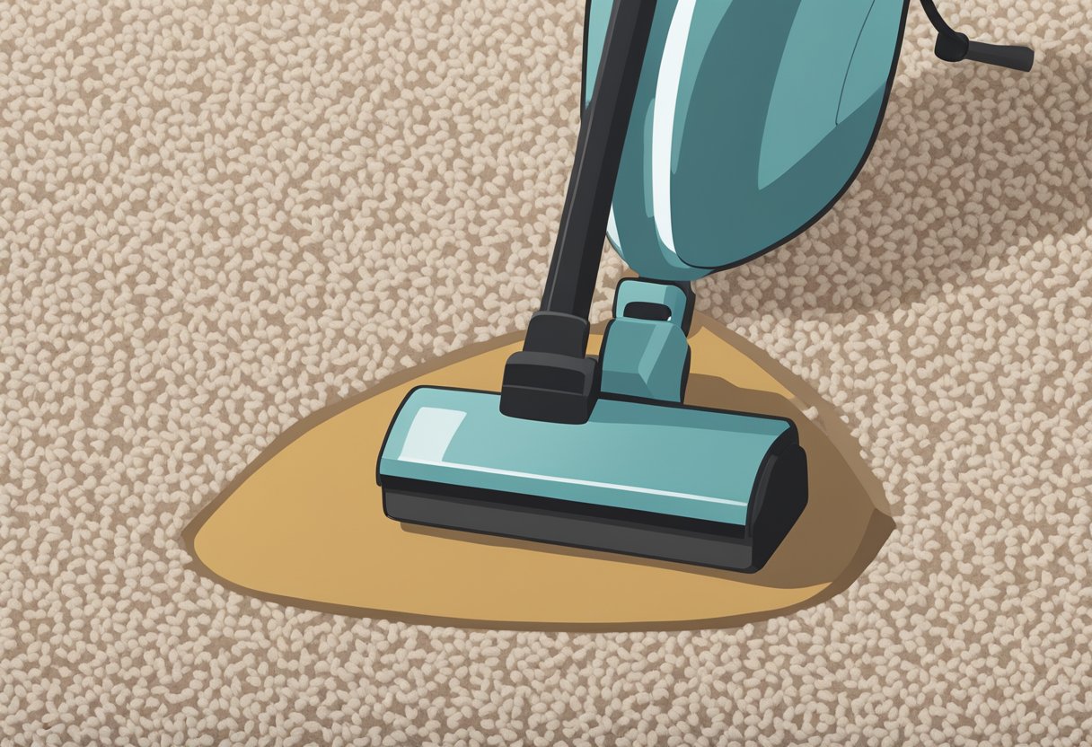 A vacuum cleaner positioned at the edge of a carpet, with a focused nozzle and a hand holding the cord