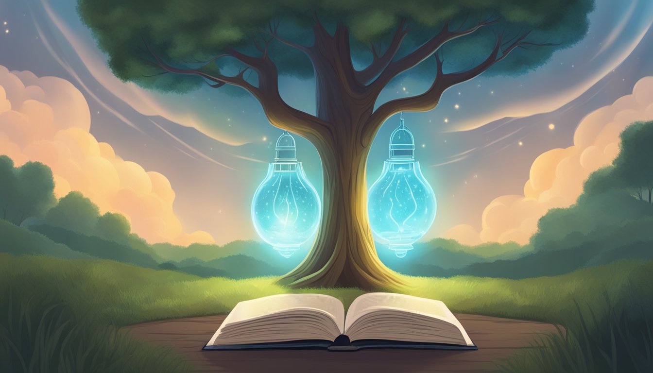 A glowing lamp illuminates a path, while a book lies open with words of wisdom.</p><p>A tree stands tall in the background, symbolizing strength and growth