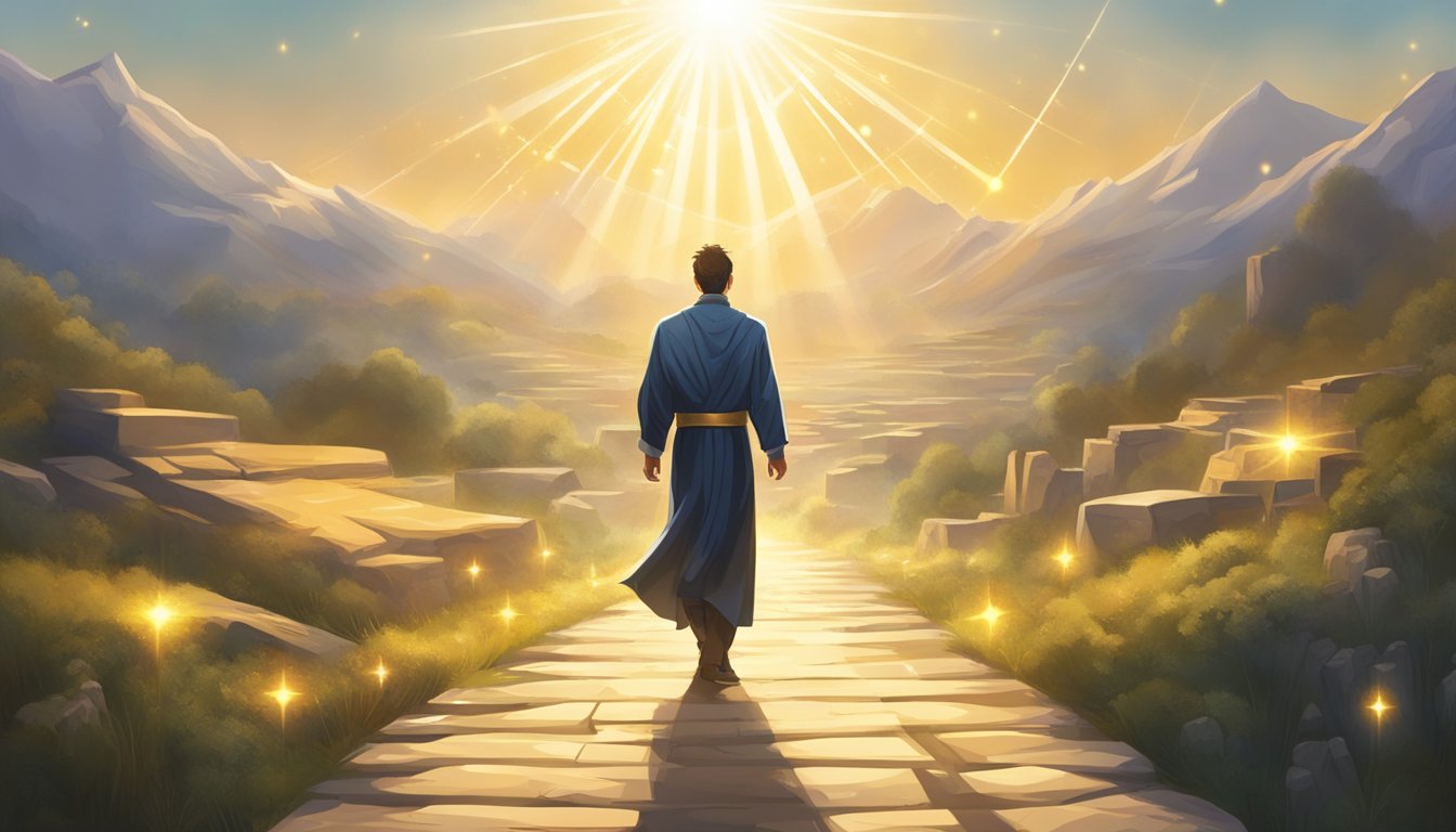 A figure walking on a path with a radiant light shining from above, surrounded by symbols of justice and righteousness