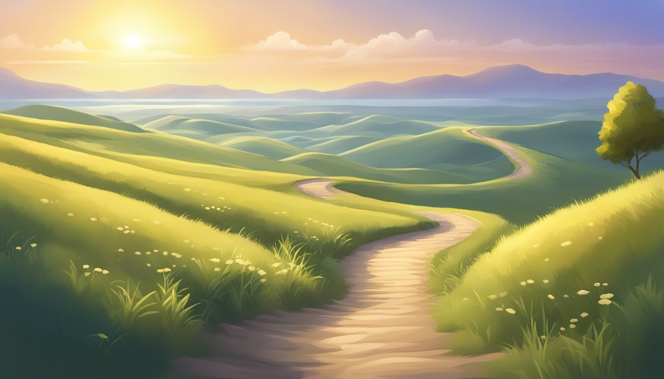 A serene landscape with a winding path leading to a distant horizon, with a radiant light shining down from above