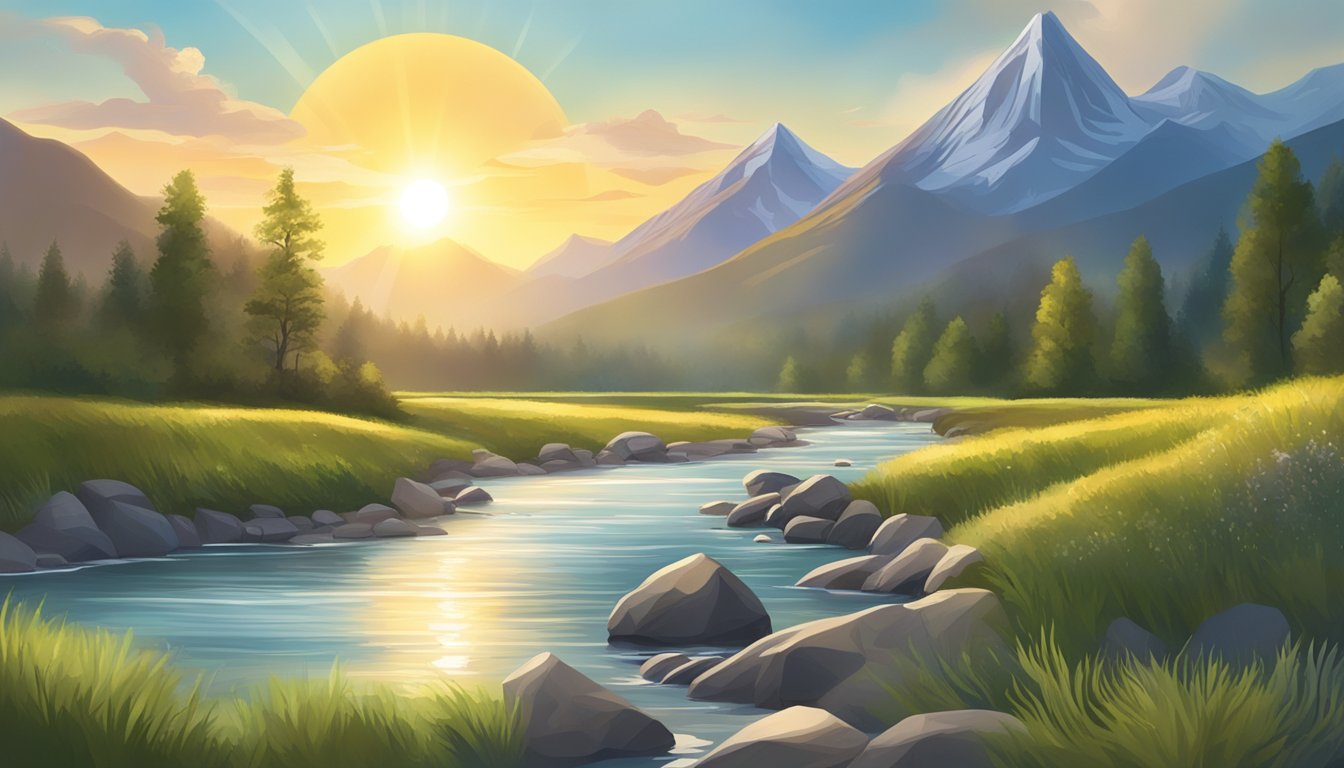 A serene landscape with a mountain peak, a flowing river, and a radiant sun in the sky