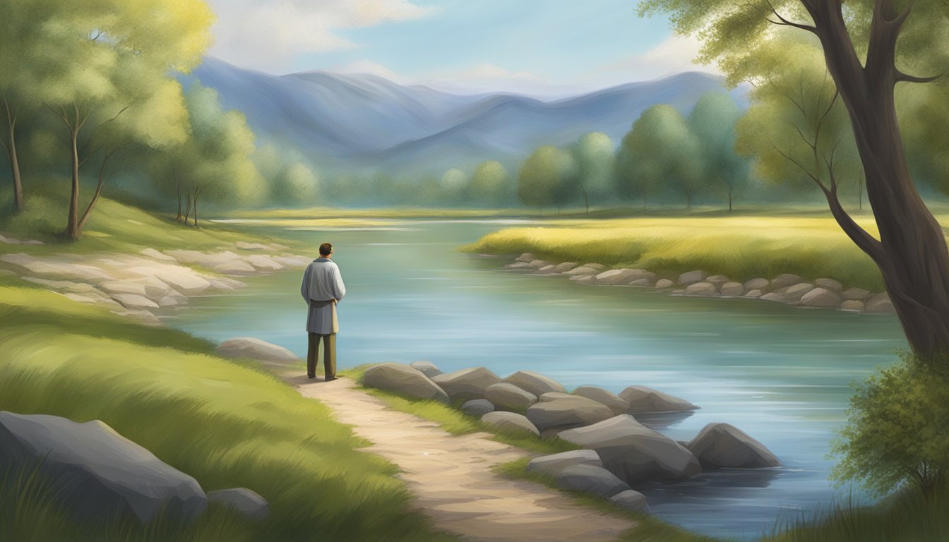 A serene landscape with a flowing river and a distant figure standing on the shore, symbolizing the forgiveness and removal of sins as described in Psalm 103:12