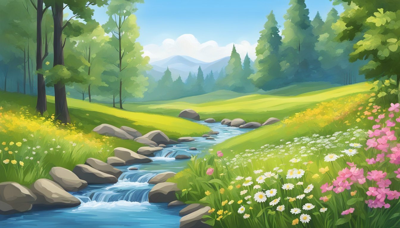 A serene meadow with a gentle stream, surrounded by tall trees and colorful flowers, under a clear blue sky