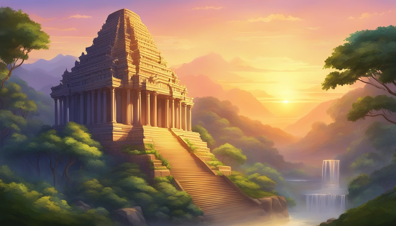 A grand ancient temple stands tall against a vivid sunset, surrounded by lush greenery and a serene atmosphere