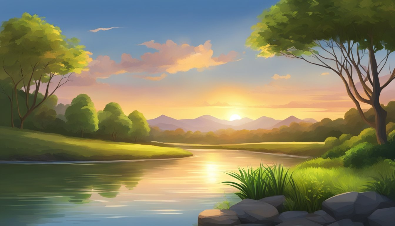 Sunset over a serene landscape, with a flowing river and lush greenery.</p><p>A sense of peace and tranquility emanates from the scene