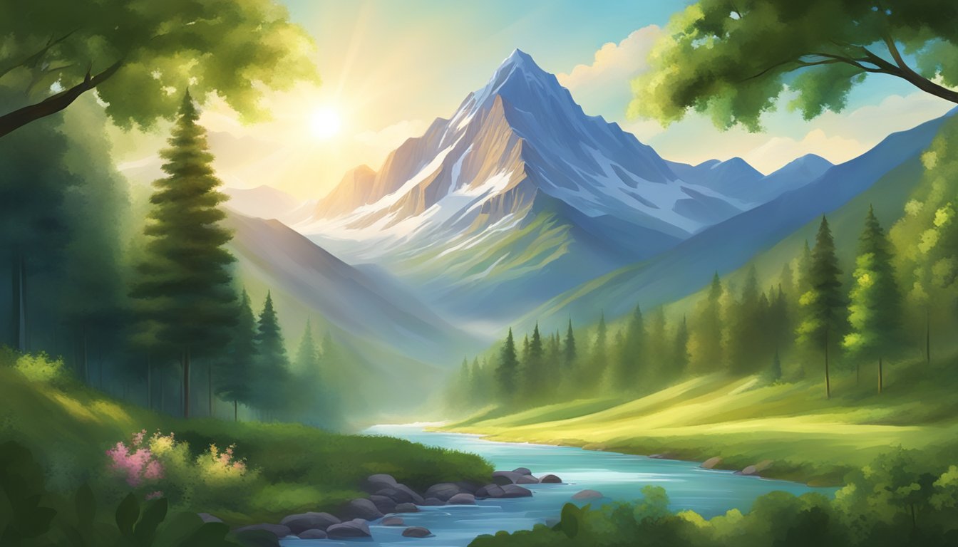 A majestic mountain peak with rays of sunlight streaming down, surrounded by lush greenery and a peaceful, flowing river below