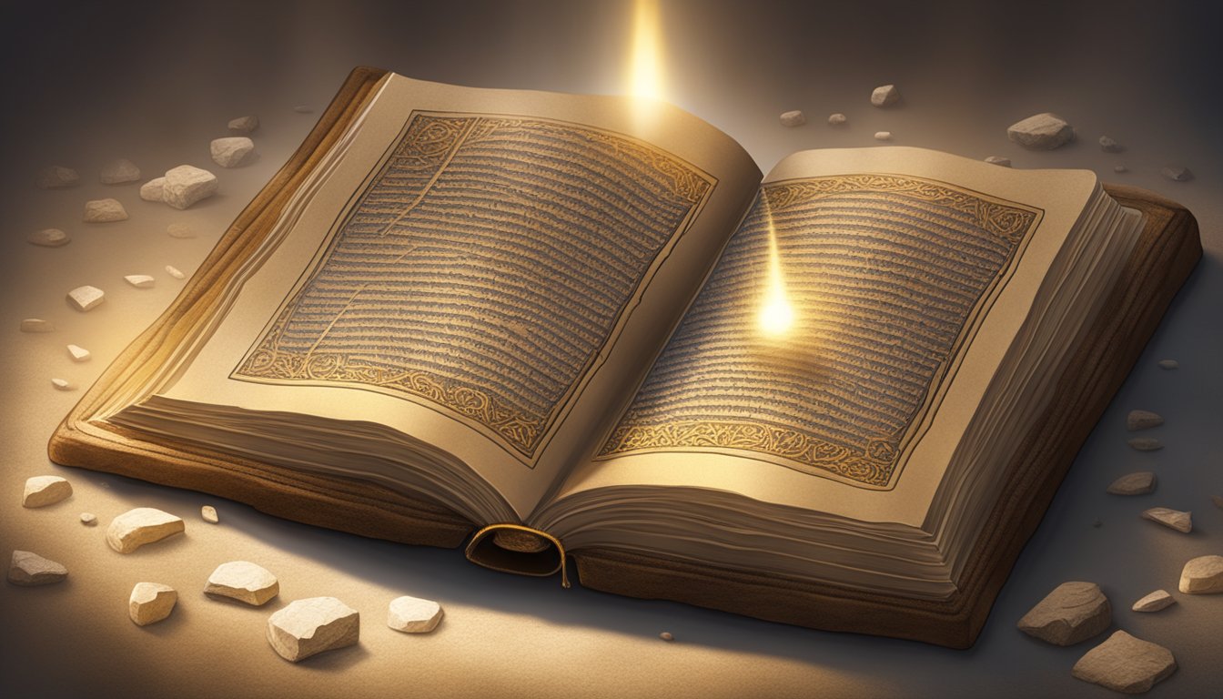 The old testament is depicted as a stone tablet with ancient writing, while the new testament is shown as an open book with a shining light emanating from its pages