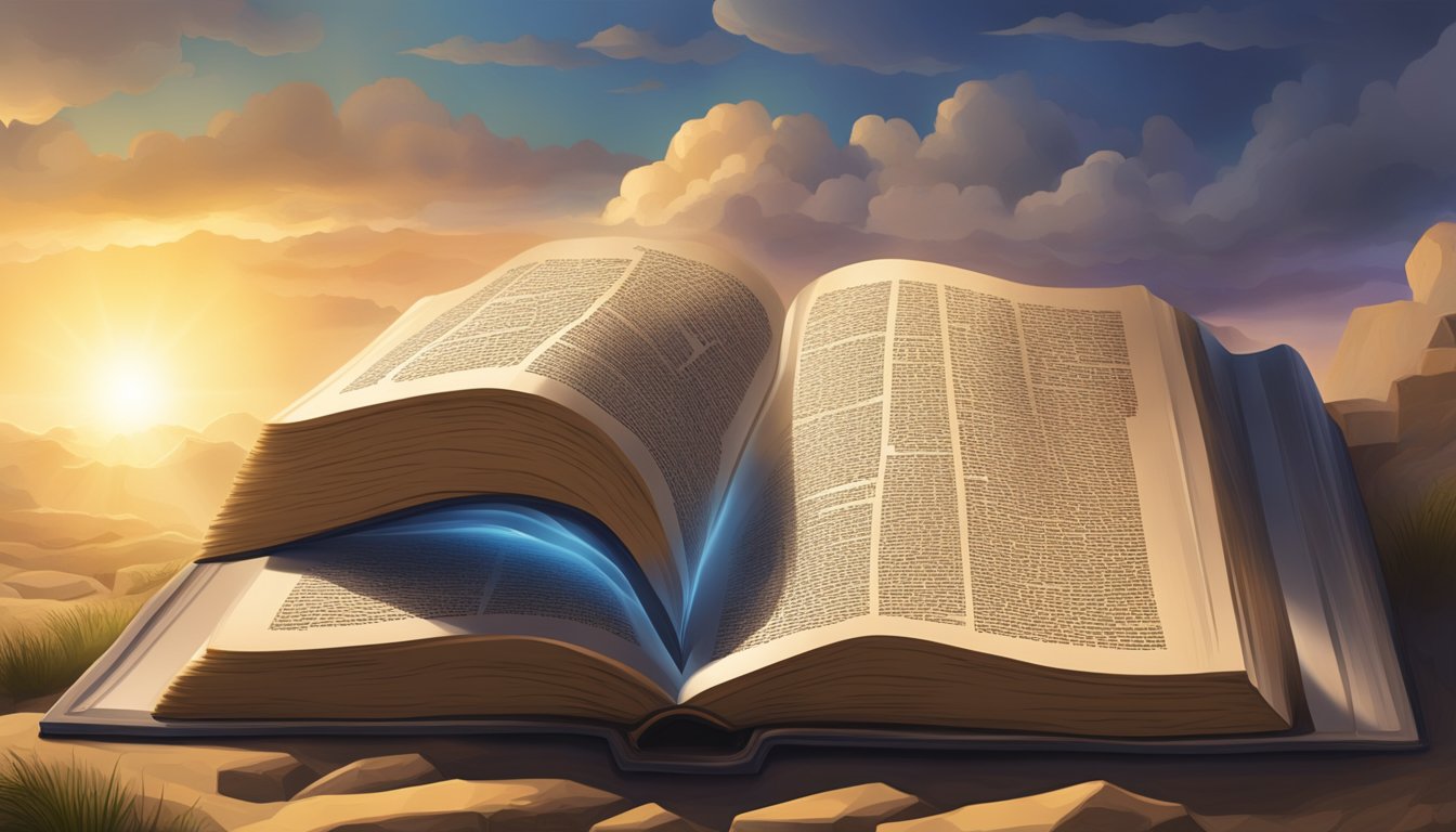 The old testament, represented by a stone tablet inscribed with ancient text, stands in contrast to the new testament, symbolized by an open book with a shining light emanating from its pages