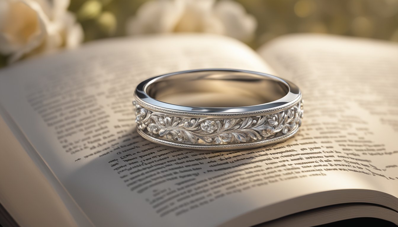 A wedding ring placed on an open Bible, with verses about marriage highlighted