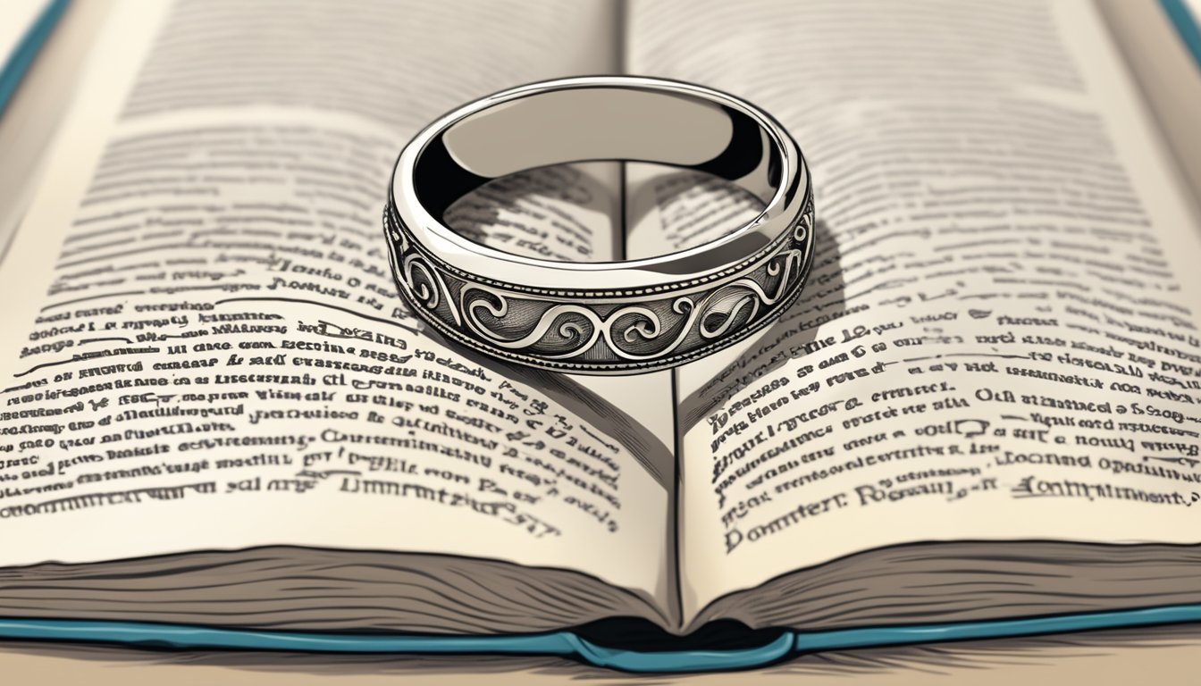 A wedding ring resting on an open Bible, with the words "love" and "commitment" highlighted in the text