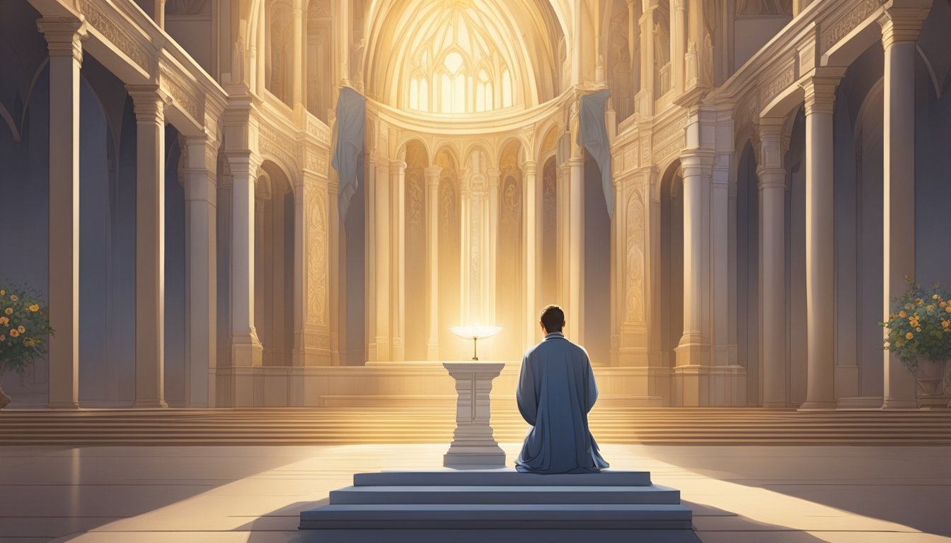 A figure kneels in front of a grand altar, head bowed in humility.</p><p>A radiant light shines down, symbolizing divine forgiveness and grace