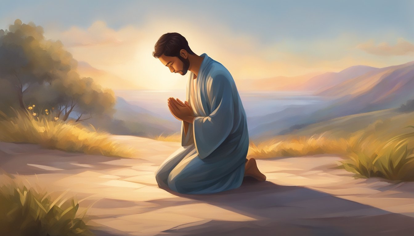 A figure kneels in prayer, bathed in warm light, with an aura of peace and serenity.</p><p>A sense of release and acceptance is conveyed through the posture and expression