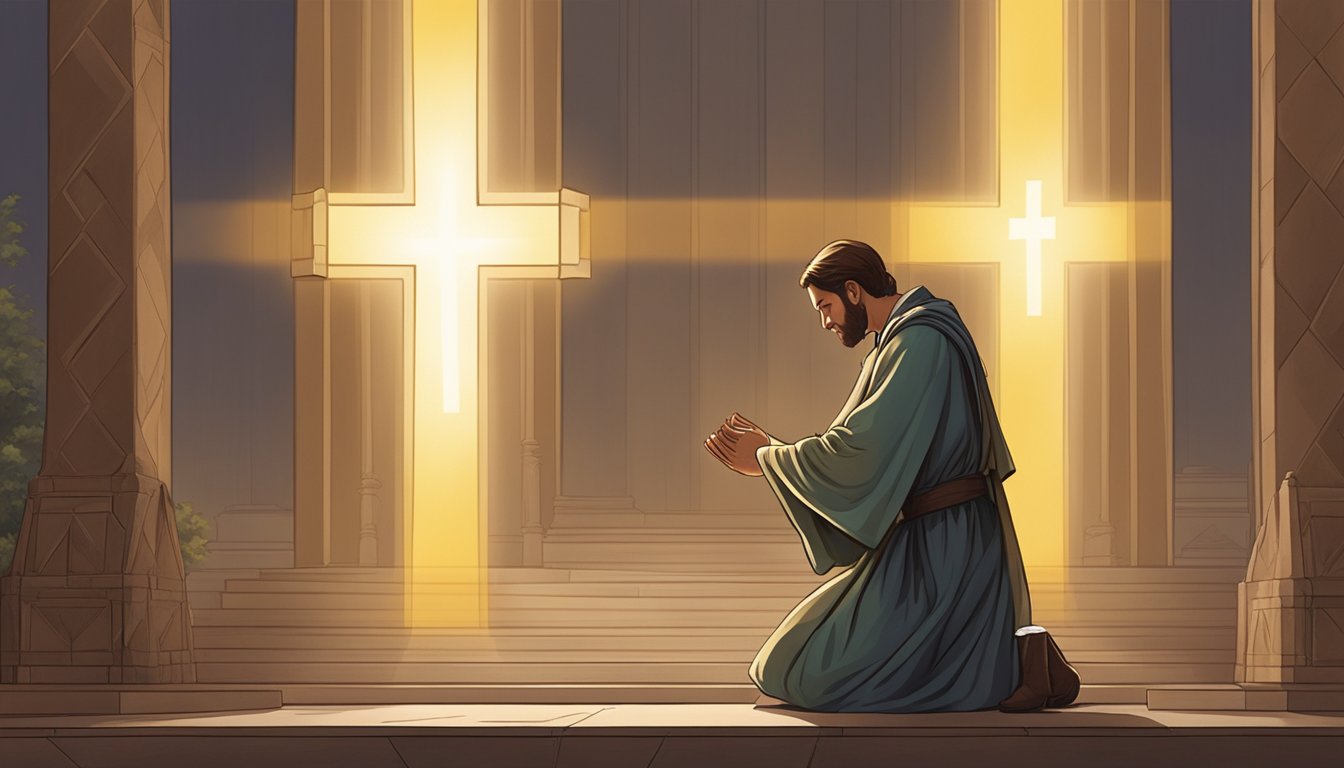 A figure kneels before a cross, holding a brown scapular, surrounded by rays of light