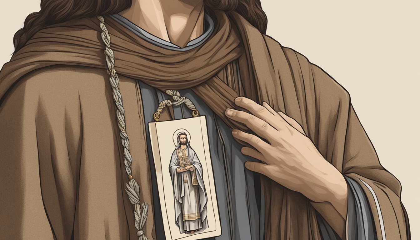 A person holding a brown scapular over their shoulders, with one end hanging in front and the other behind, showing the two small brown pieces of cloth with religious images