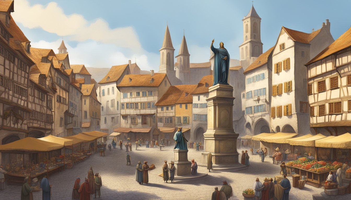 A medieval town square with a statue of St. Expedite, surrounded by old stone buildings and a bustling market