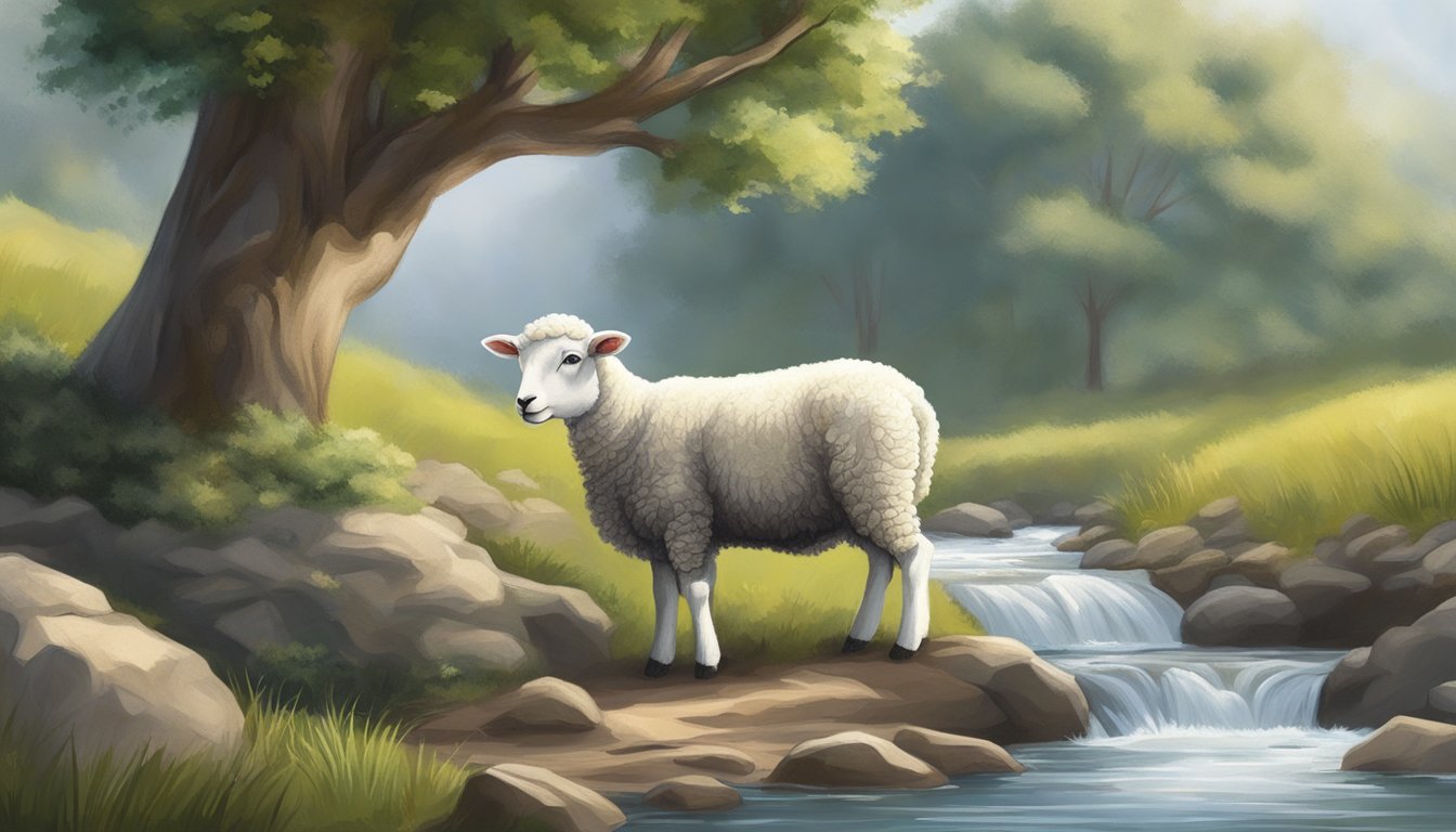 A lamb lies peacefully beside a flowing stream, sheltered by a protective tree, symbolizing mercy in the Old Testament