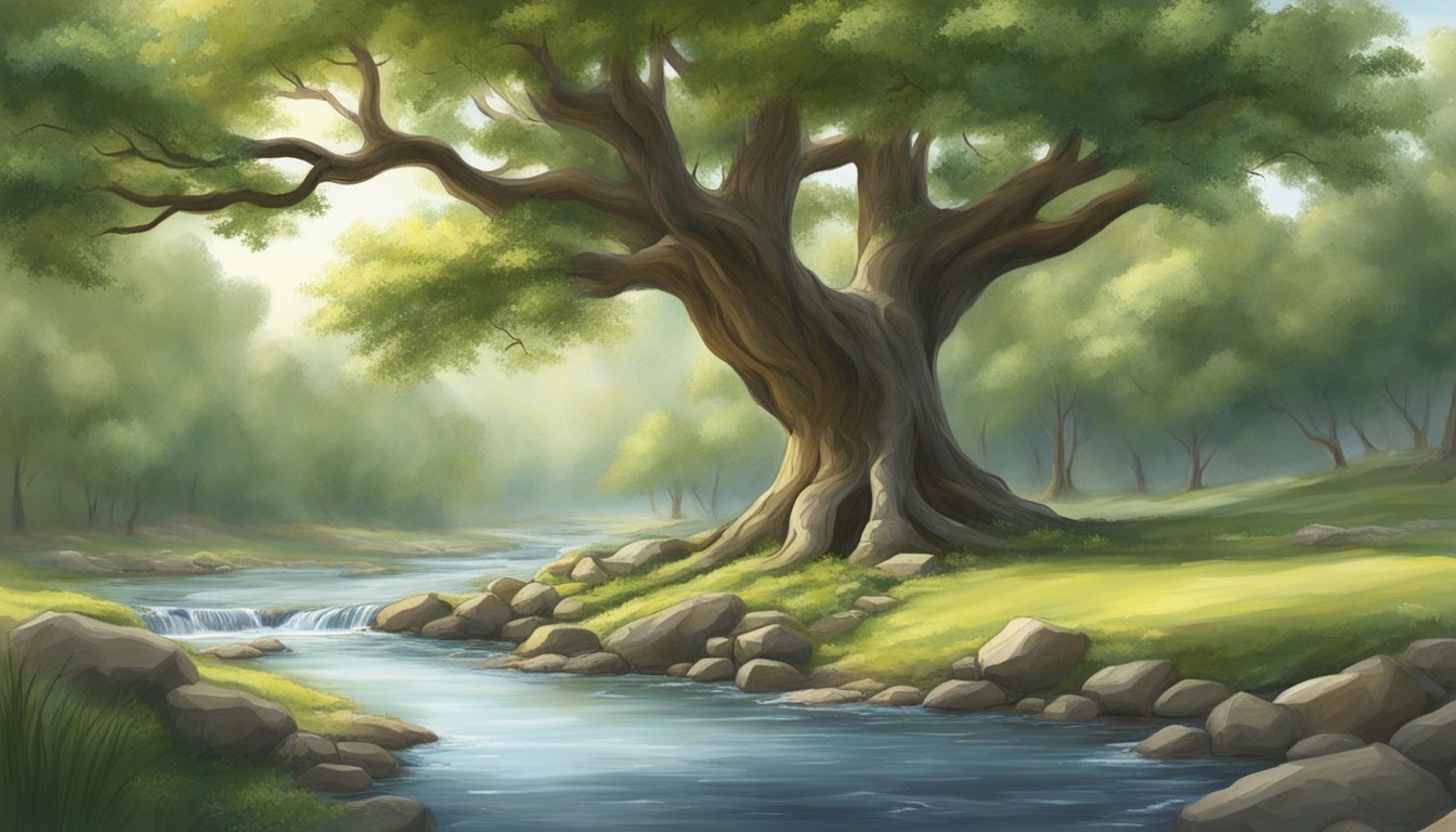 A tree providing shade and shelter for animals, with a stream flowing nearby, representing mercy in nature