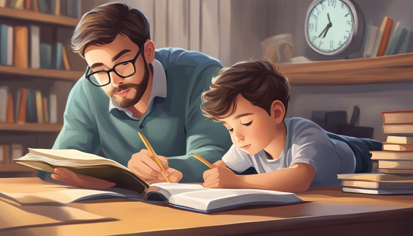 A child diligently studying a book, while a parent looks on with a watchful and loving eye