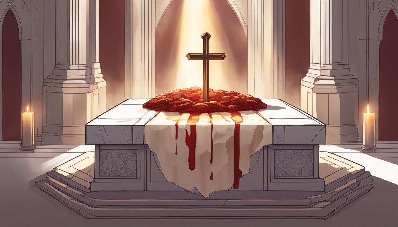 A lamb's blood drips onto an altar, symbolizing Jesus' sacrifice for humanity's sins.</p><p>Rays of light shine down, representing divine forgiveness and redemption