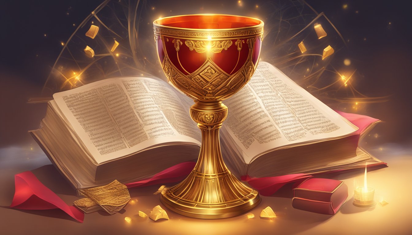 A glowing, golden chalice overflowing with red liquid, surrounded by ancient scriptures and symbols of the crucifixion