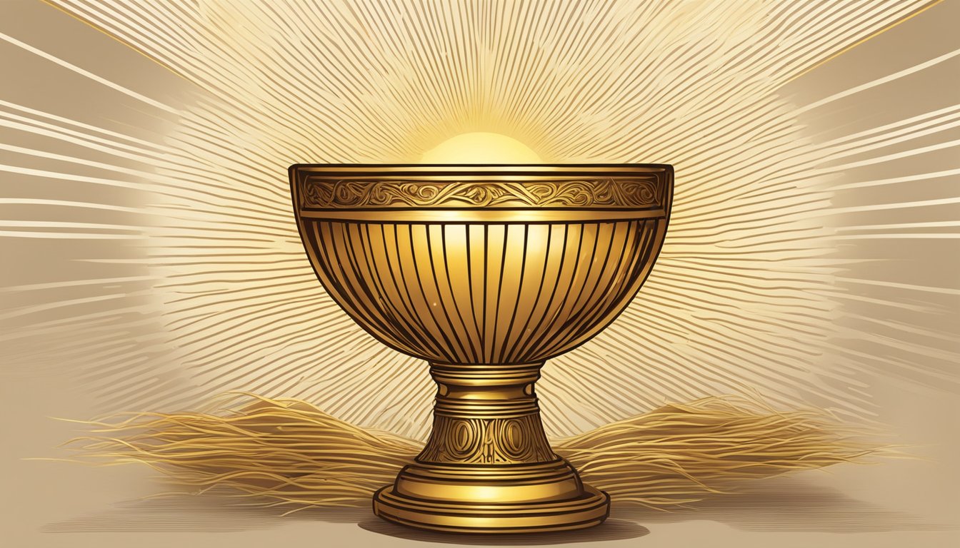 A glowing, golden chalice filled with the blood of Jesus, surrounded by rays of light and a heavenly glow