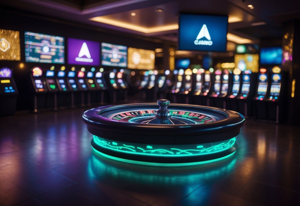 A vibrant casino floor with Ethereum logos and symbols adorning the walls. Digital screens display real-time cryptocurrency transactions and players enjoying games