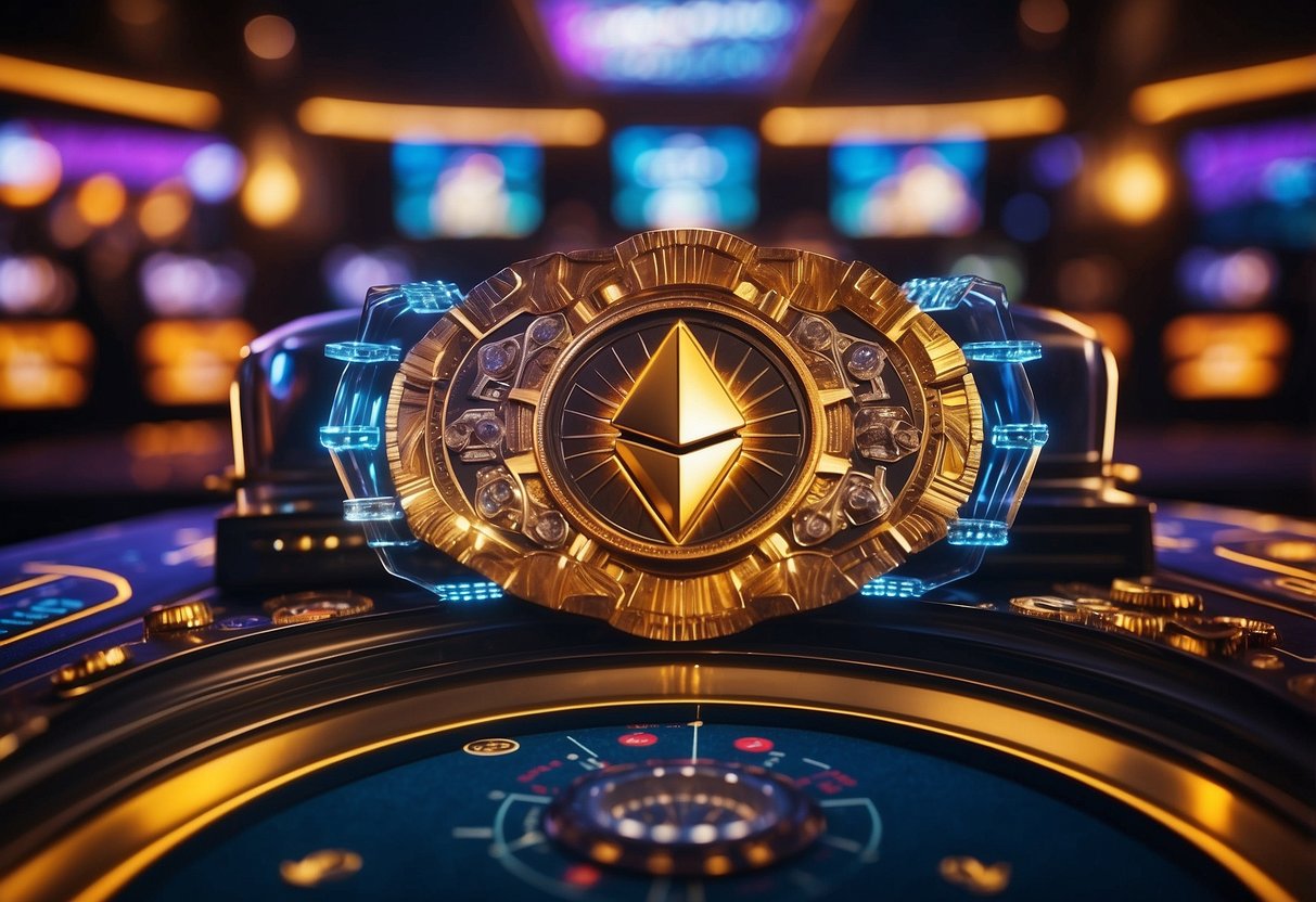 A vibrant digital casino with Ethereum logos and symbols, featuring sleek and modern design, attracting tech-savvy players
