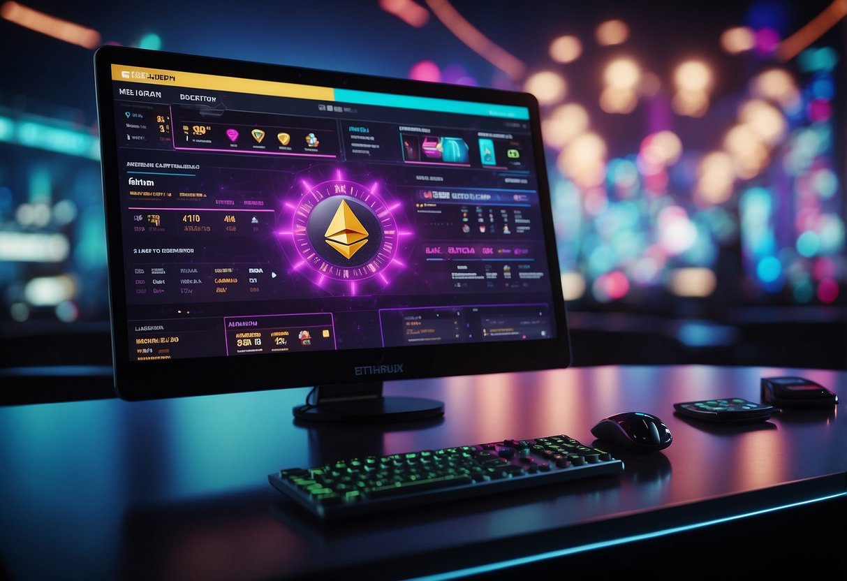 A computer screen displaying an Ethereum gambling website with colorful graphics and a sleek user interface, surrounded by digital currency symbols and a futuristic backdrop