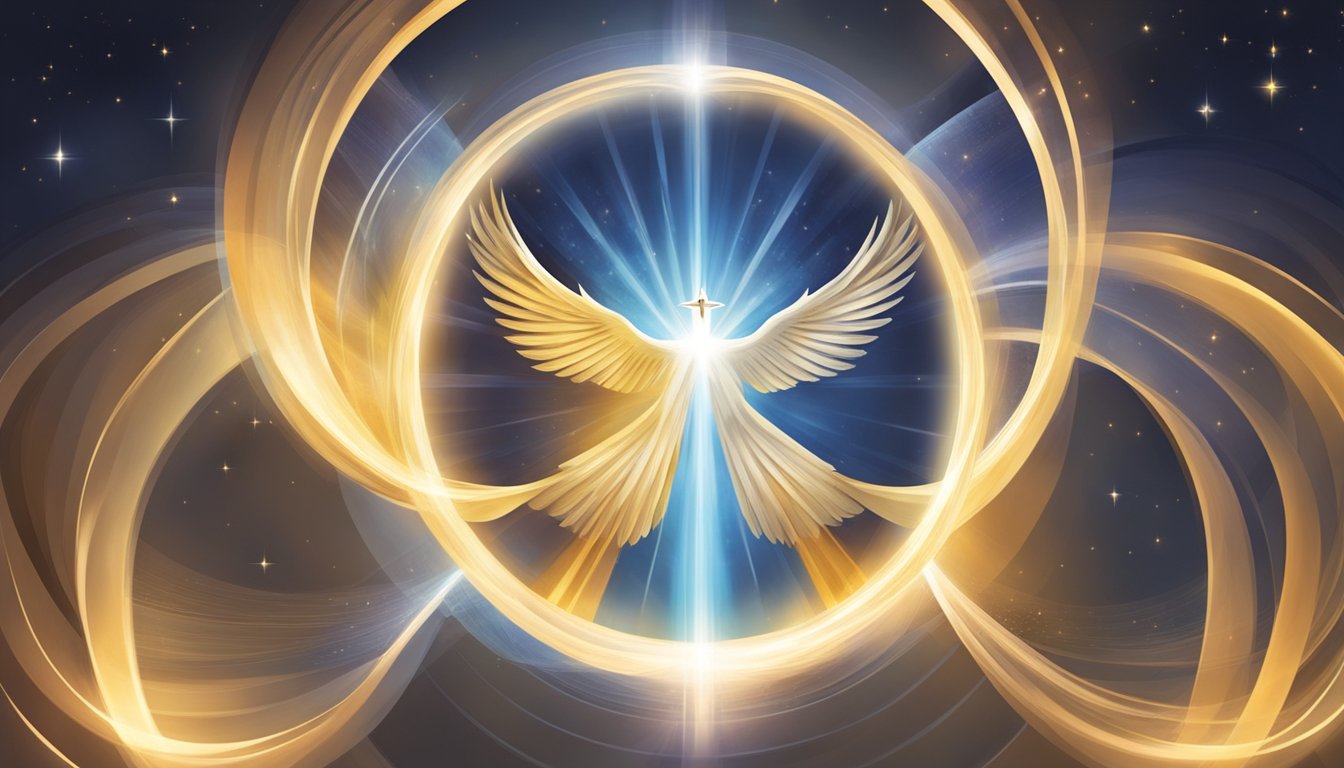 Three distinct circles intertwined, representing the Father, Son, and Holy Spirit.</p><p>Rays of light emanate from the center, symbolizing their unity and divine nature