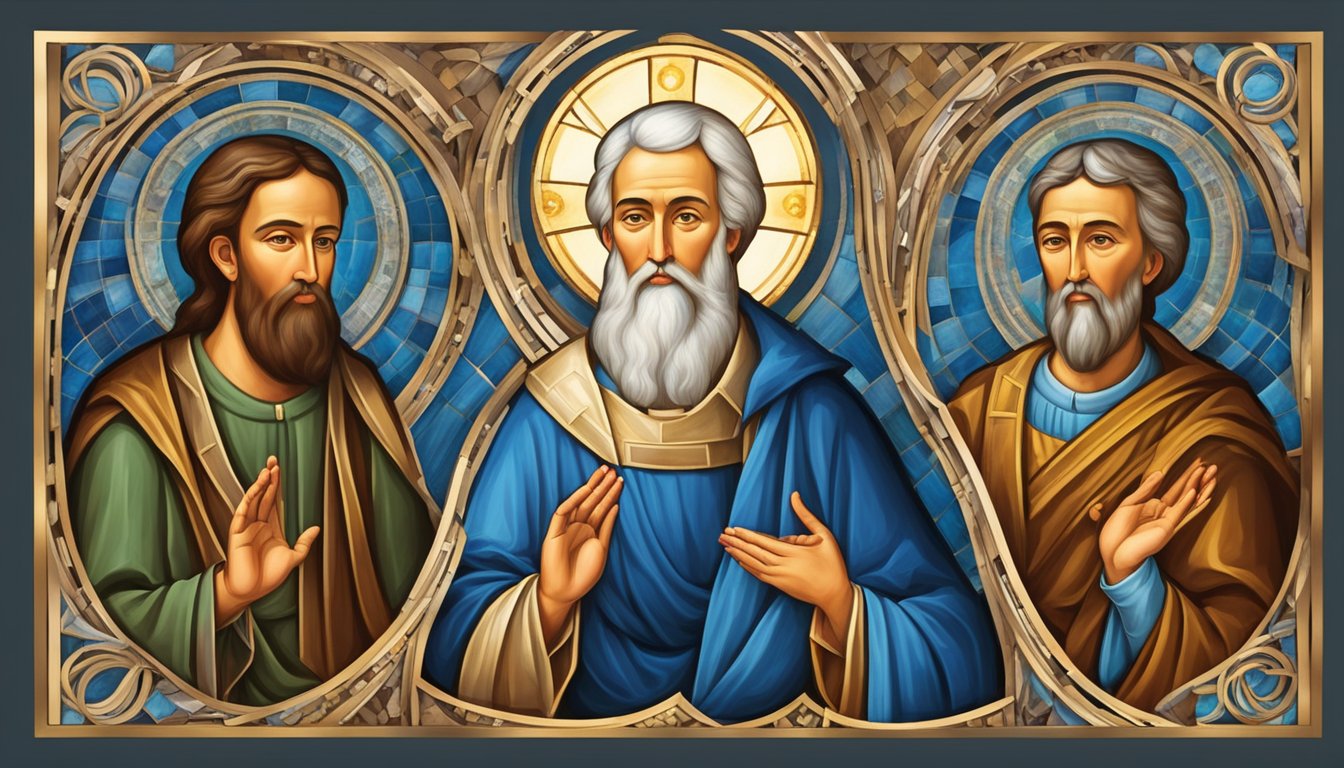 The three distinct figures of the Father, Son, and Holy Spirit coexisting in perfect unity and harmony, symbolizing the eternal relationship within the Trinity